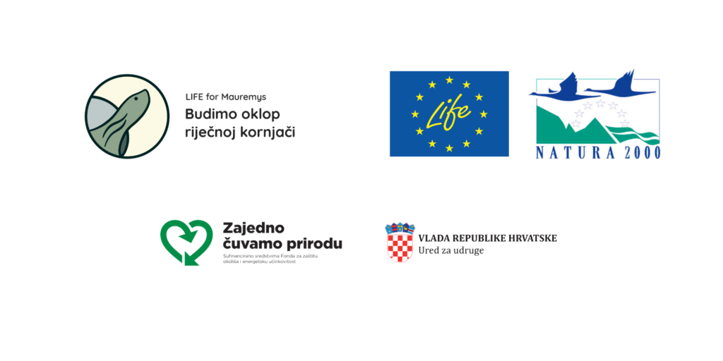 Logotip projekta LIFE for Mauremys sa sloganom "Budimo oklop riječnoj kornjači" sa logotipovima glavnih financijera